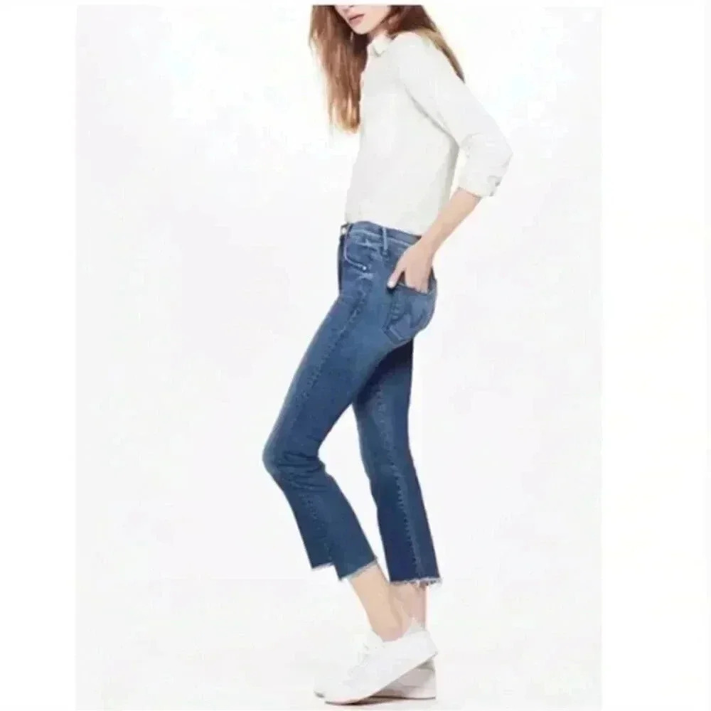 MOTHER The Insider Crop Step Fray High Rise Jeans in Crack the Whip Blue Size 25